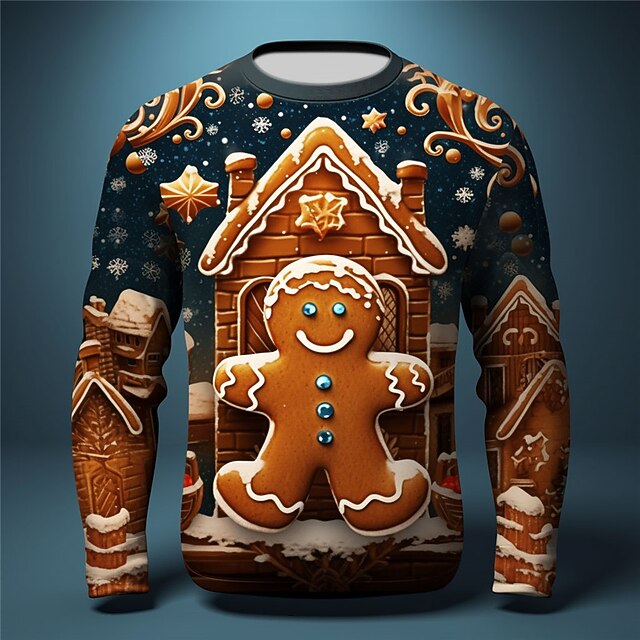 Christmas Men's Graphic Merry Christmas Gingerbread Man T Shirt Long Sleeve T shirt 3D Print Crew Neck Shirt Fashion Designer Casual Sports Outdoor Holiday Going out Brown Spring &  Fall Clothing2