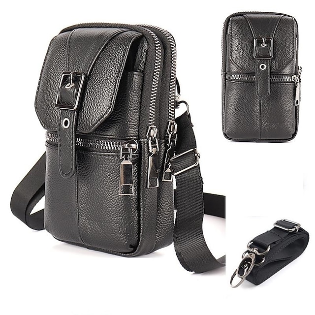  Bolso de hombro multifuncional de cuero genuino para hombre, bolso bandolera para teléfono celular, funda para teléfono, riñonera de cuero, bolso bandolera pequeño