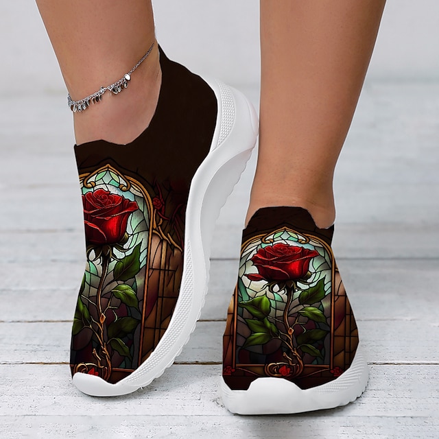  Női Tornacipők Slip-Ons Nyomtatási cipők Extra méret Flyknit cipő Szabadtéri Bálint nap Napi Rózsa Lapos Divat Alkalmi Repülő szövés Sötétvörös