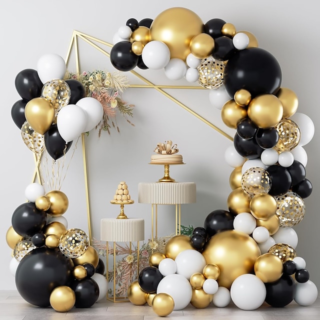  Conjunto de balões de ano novo, 86 peças, kit de arco de guirlanda de balão preto e dourado, balões de látex branco dourado preto para festa de formatura, aniversário, decoração de festival
