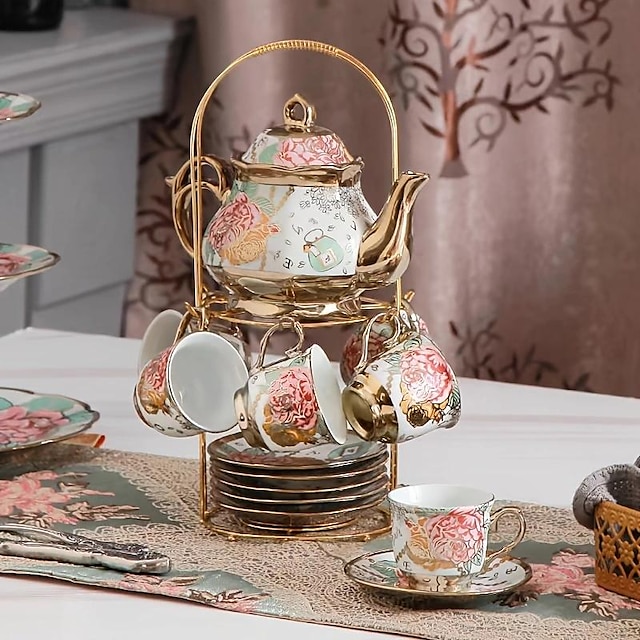  20pcs Tea Set, Ceramics Tea Set, Afternoon Tea Set Porcelain Tea Set With Metal Holder, European Ceramic Tea Set For Adults,Flower Tea Set,Tea Set For Women With Flower Painting