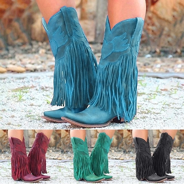  Women's Boots Cowboy Boots Suede Shoes Plus Size Outdoor Daily Solid Color Embroidered Knee High Boots Winter Tassel Block Heel Round Toe Elegant Vintage Walking PU Black Red Blue