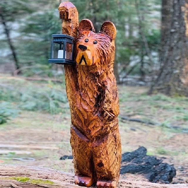  Urso esculpido em cedro com lanterna solar, enfeites de resina de urso, decoração ao ar livre, presente de natal