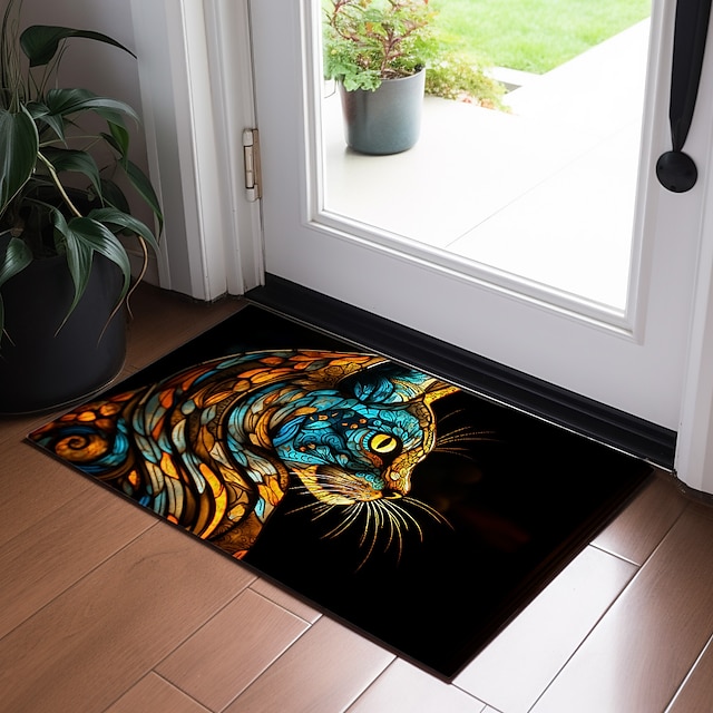  Felpudo de gato con vidrieras, alfombras lavables, alfombra de cocina, alfombra antideslizante a prueba de aceite, alfombra interior y exterior, decoración de dormitorio, alfombra de baño, alfombra