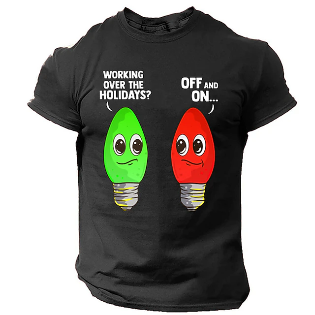 Men's Short Sleeve Graphic T-Shirt, Funny Holiday Work 'Off and On' Light Bulb Pun 5