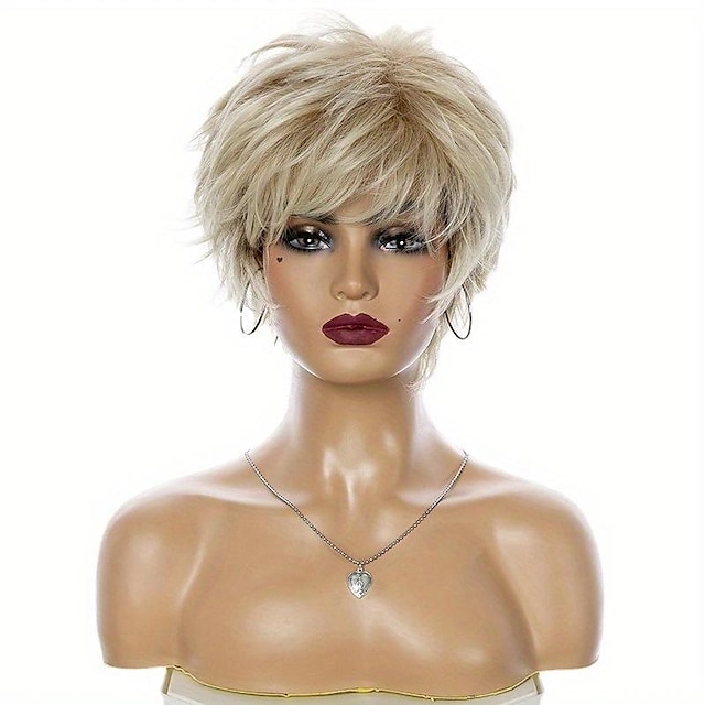  Perruque Synthétique Droit Coupe Lutin Perruque Court Blond Cheveux Synthétiques Femme Design à la mode Doux Naturel Blond