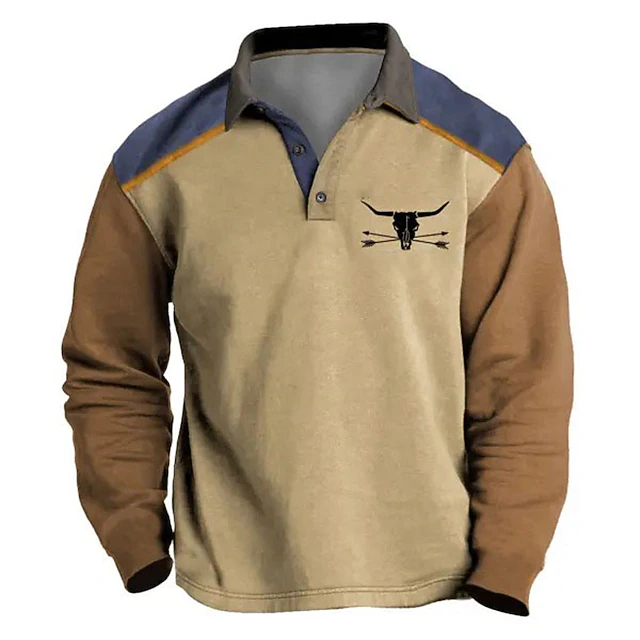 Men's Western Wear Polo Shirts Golf Shirt Long Sleeve Polo Shirts Collared Shirts Vintage Casual Vacation Wear Party Outfits 3D Print Buttons Fall & Winter Blue Brown Green4