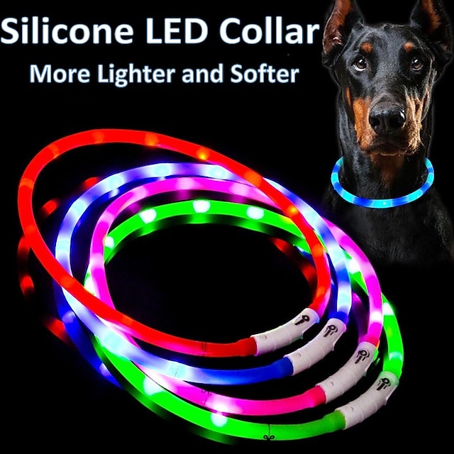  Collar LED de silicona para perro, recargable, 3 modos de luz, rápido, lento, sólido, más ligero, más suave, seguridad nocturna, intermitente, 70cm de longitud