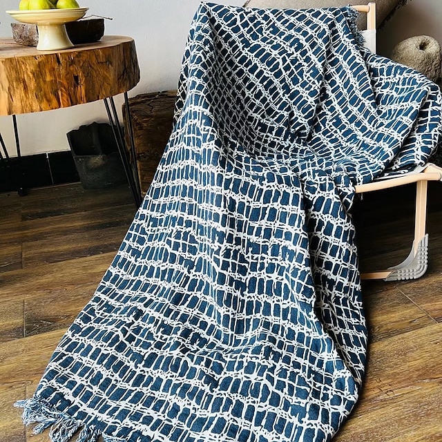  manta de lino estilo cuadros azul con flecos para sofá/cama/sofá/regalo, lino lavado natural color sólido suave transpirable acogedora casa de campo boho decoración del hogar