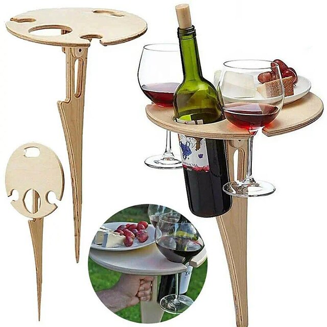  utomhus vinbord, runt hopfällbart vinbord, trä picknick campingbord strandbord, champagne picknick bord för utomhus park gräsmatta strand picknick vinglas hållare resa