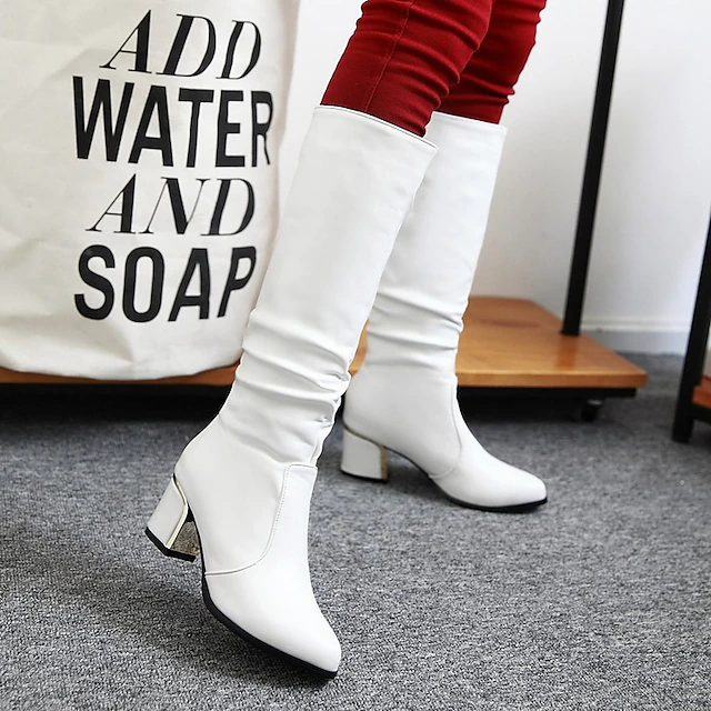 Women's White Mid-Calf Block Heel Boots with Retro Style and Ruched Design - Perfect for Winter Fashion and Daily Wear 8