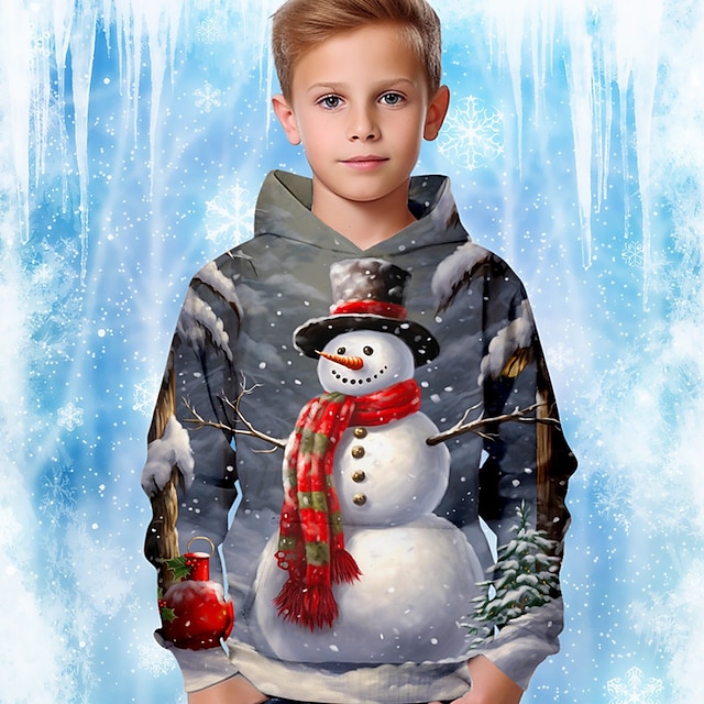  Мальчики 3D Снеговик Толстовка Pullover Длинный рукав 3D печать Осень Зима Мода Уличный стиль Круто Полиэстер Дети 3-12 лет на открытом воздухе Повседневные Стандартный