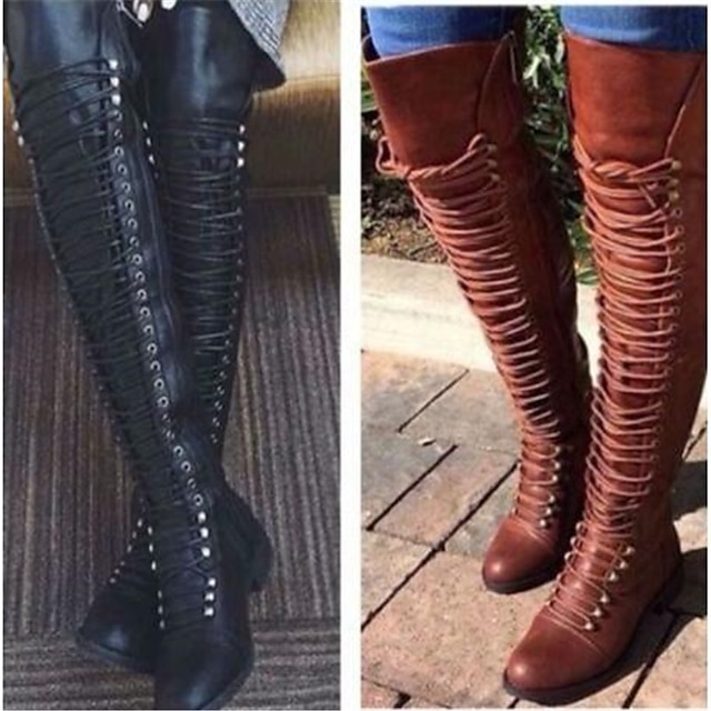  Women's Boots Biker boots Combat Boots Plus Size Party Office Daily Solid Color Over The Knee Boots Thigh High Boots Summer Winter Flat Heel Round Toe Elegant Casual Minimalism Faux Leather Lace-up