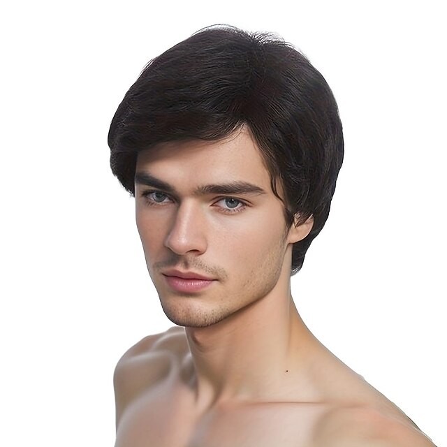 Mens Wig Short Men Wigs Black Wig with Side Bangs Layered Wig with Cap