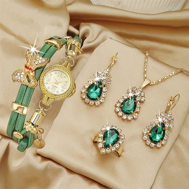  5 bucăți/set ceas de damă drăguț cu arc cu floare ceas cu brățară din cuarț ceas elegant de mână cu strasuri & set de bijuterii cadou pentru mama ei