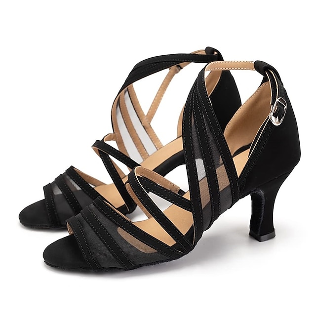  Damen Schuhe für den lateinamerikanischen Tanz Abiball Professionell Rumba Wildlederschuhe Absätze Einheitliche Farbe Stöckelschuh Peep Toe Schnalle Erwachsene Schwarz