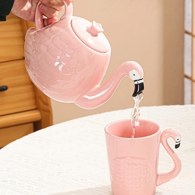  flamingo theepot - keramische bloempot voor thee, koffie en water - wit porseleinen cadeau voor thee proeven en schenken