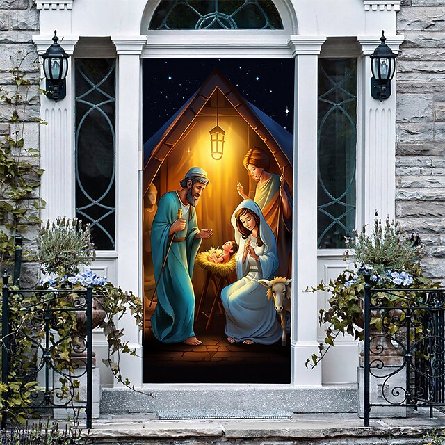 Bannière Noël Pour Porte - Silhouette Vintage Crèche - 91x183 Cm - Polyester Résistant - Décoration Intérieure/extérieure