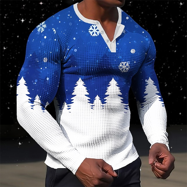  jul mäns julscen henley t-shirt grafisk färg block träd modedesigner avslappnad 3d-tryck henley våffla sport utomhus semester festival blå röd & vit orange långärmad henleyskjorta