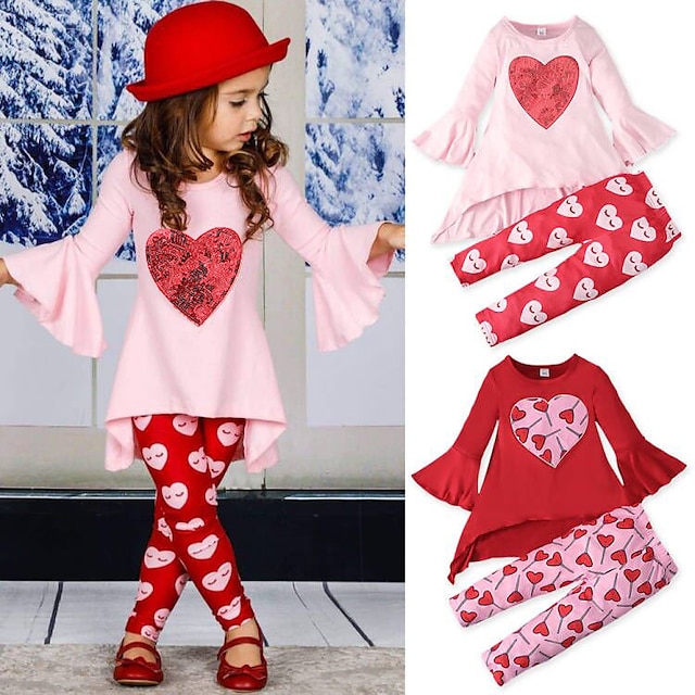  2 Pieces Toddler Girls' Heart Crewneck Pants Suit Set Long Sleeve Active School 3-7 Years Spring Pink Red