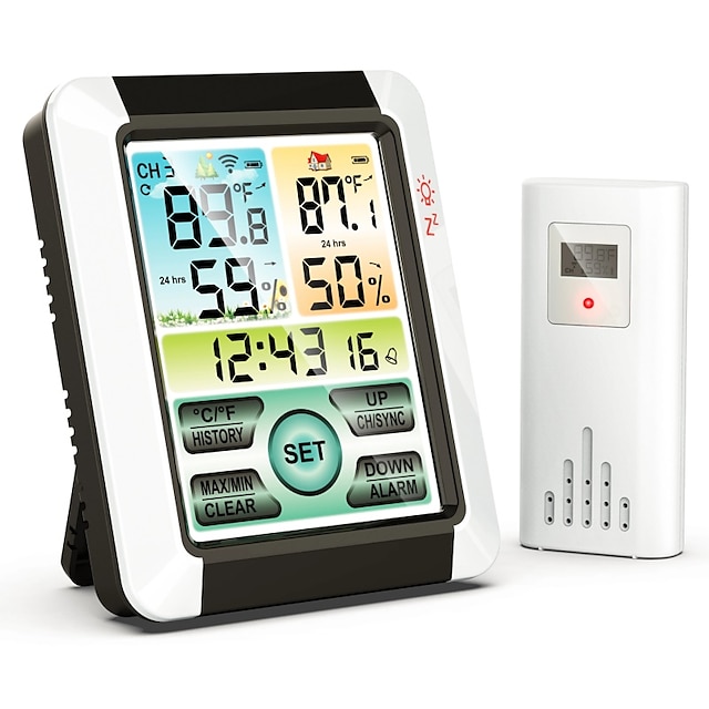  innendørs utendørs termometer trådløst digitalt hygrometer termostat temperatur & fuktighetsmonitor med berøringsskjerm LCD-bakgrunnsbelysning