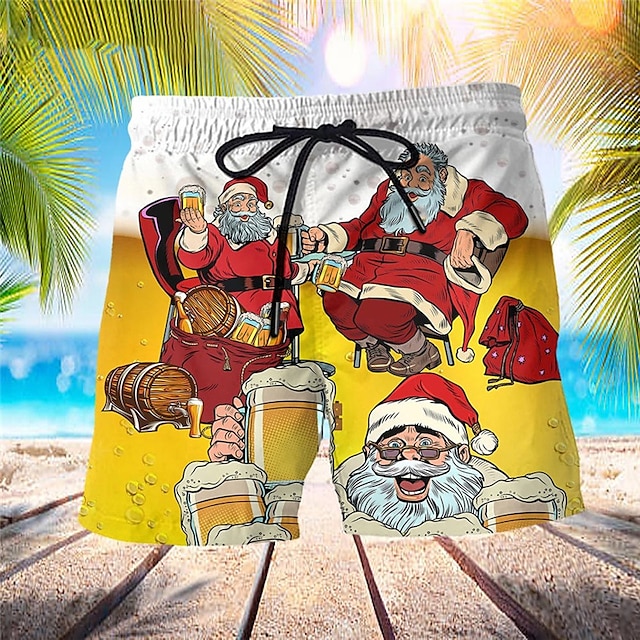  heren boardshorts biershorts zwembroeken trekkoord met mesh voering elastische taille kerstman bier sneldrogend kort vakantie strand Hawaiiaans casual geel micro-elastisch