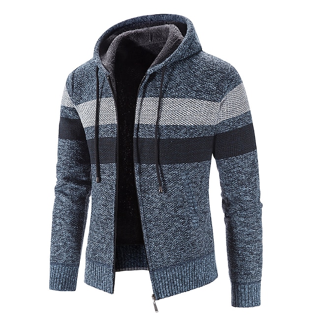 Male Sweater Jacket Crochet Knit Regular Hooded Color Block Hooded ...