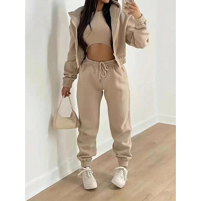  Solid Casual 3 Piece Set, Zip Up Hooded Jacket & Sleeveless Crew Neck Tank Top & Drawstring Elastic Waist Jogger Pants Outfits, Women's Clothing
