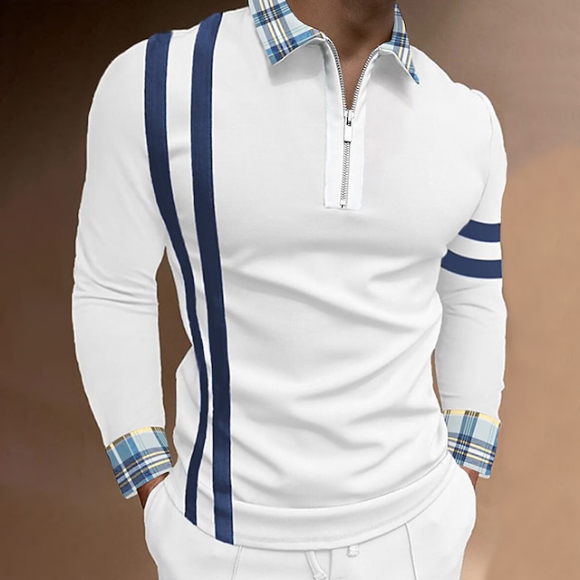  Men's Polo Shirt Golf Shirt Outdoor Work Standing Collar Long Sleeve Sports Fashion Plaid / Check Patchwork Braided All Seasons Slim White Blue Polo Shirt