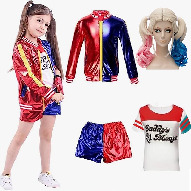 super héros harley quinn commando suicide cosplay costume tenues filles film cosplay cosplay halloween manteau rouge pantalon t-shirt halloween mascarade polyester avec perruque