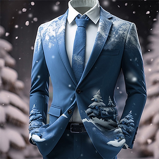  Blazer con estampado de escena navideña para hombre, chaqueta de negocios con árbol, cálida, transpirable, cómoda, para trabajar, salir, botones, estampado, multibolsillos, corte regular,