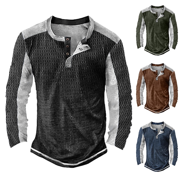  Per uomo Maglietta Waffle Maglietta con bottoni Maglietta Maglia Henley a nido d'ape Manica Lunga Henley Primavera & Autunno Blocco di colori Vintage Designer Essenziale Patchwork Vacanza Streetwear