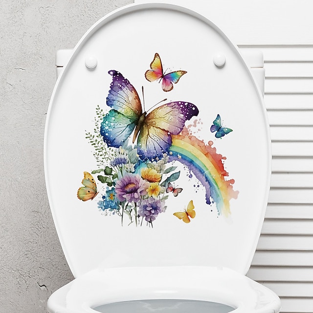  Наклейка на унитаз с радужными цветами и бабочками, декоративные наклейки для ванной комнаты, унитаза, бытовая наклейка «сделай сам», съемные наклейки на стену в ванной комнате