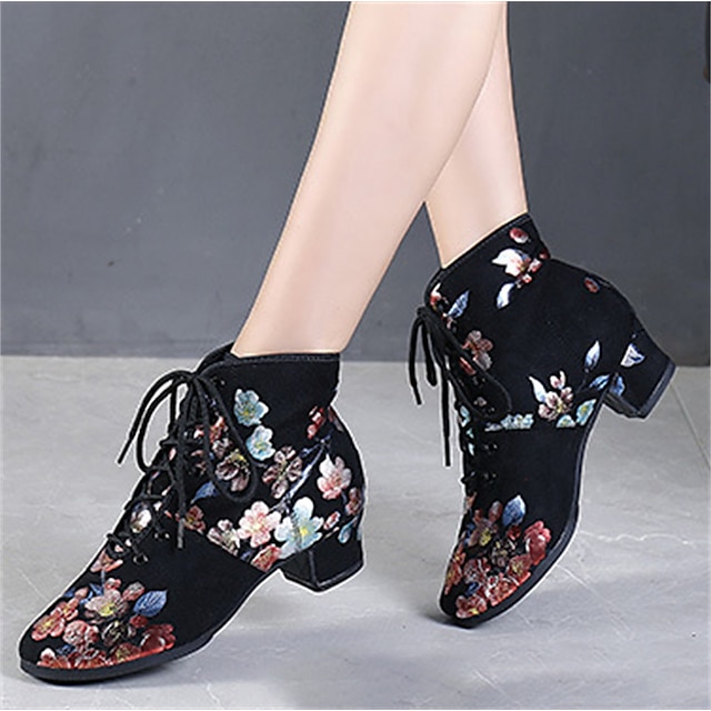  Women's Latin Shoes Modern Shoes Dance Boots Performance Wedding Party Evening Velvet Floral Bootie Fashion Party / Evening Stylish Pattern / Print Thick Heel Round Toe Lace-up Adults' Black