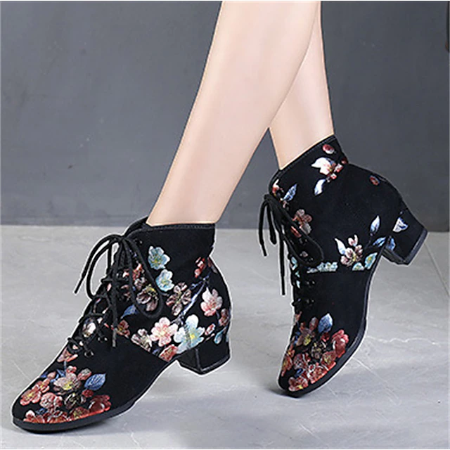 Black Floral Lace-up Dance Shoes for Women – Comfortable Low Heel, Perfect for Latin, Ballroom, and Social Dancing 13