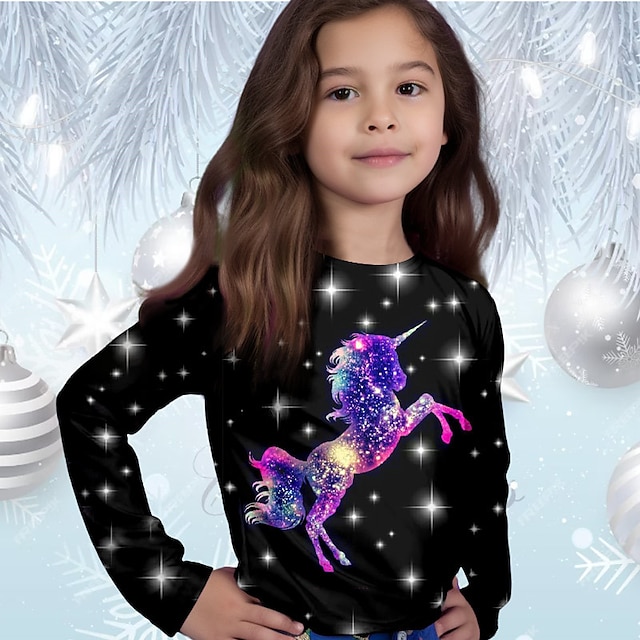  Chica 3D Galaxia Unicornio Camiseta Camisa Manga Larga Impresión 3D Otoño Invierno Activo Moda Estilo lindo Poliéster Niños 3-12 años Cuello Barco Exterior Casual Diario Ajuste regular