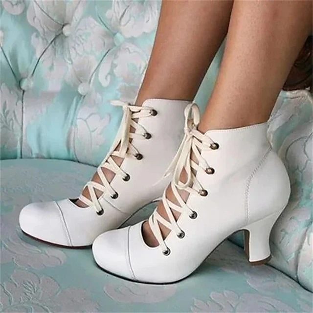Women's Vintage Victorian Lace-Up Ankle Boots – Retro Style White Mid-Heel Boots for Cosplay & Special Events 8