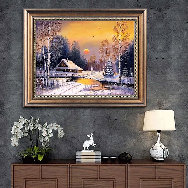  手作り油絵キャンバス壁アート装飾古典的な風景村日没雪景色家の装飾用ロールフレームレス未延伸絵画クリスマスギフト