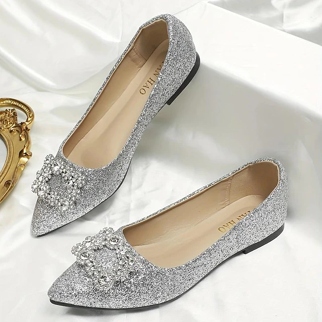 Women's Silver Glitter Flats with Rhinestone Embellished Buckle – Elegant Pointed Toe Shoes for Wedding, Parties and Special Occasions 11