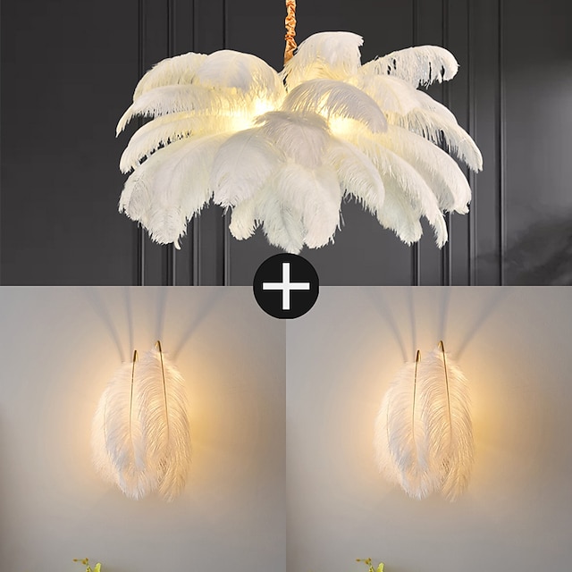  led hanglamp kroonluchter prachtige extra grote 75/100cm witte struisvogelveren 2pcs wandlamp 110-240v