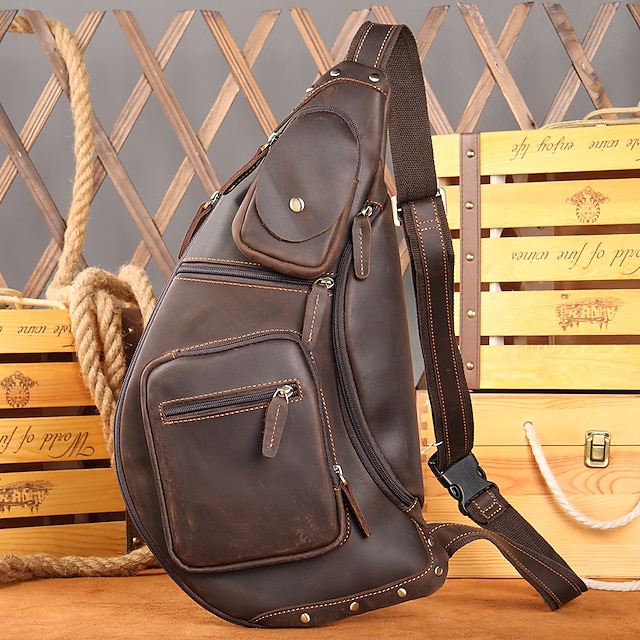  Brusttasche aus echtem Leder, vielseitige Umhängetasche mit großem Fassungsvermögen, Outdoor-Sport, Crazy Horse-Leder-Umhängetasche, Umhängetasche, Brusttasche