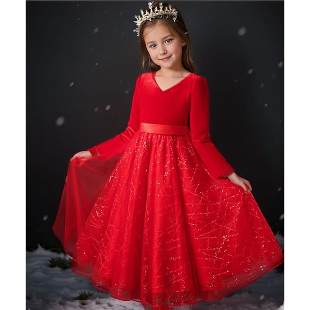  Kids Girls' Party Dress Solid Color Long Sleeve Formal Wedding Special Occasion Sequins Basic Princess Beautiful Cotton Maxi Party Dress Flower Girl's Dress Fall Winter 2-12 Years Wine Red Ink-blue