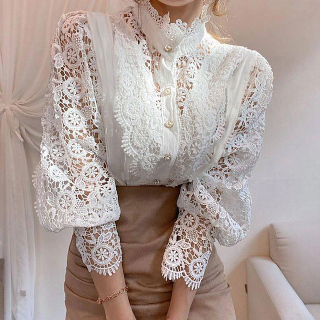 Women's Lace Shirt Blouse Eyelet top White Lace Shirt Solid Colored Elegant Fashion Elegant & Luxurious Shirt Collar Daily Hole Black White Apricot Spring Fall Winter Fall & Winter 7