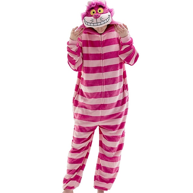  成人 きぐるみパジャマ ネコ チェシャ猫 アニマル ストライプ ワンピースパジャマ パジャマ 面白いコスチューム フリース コスプレ ために 男女兼用 ハロウィーン 動物パジャマ 漫画