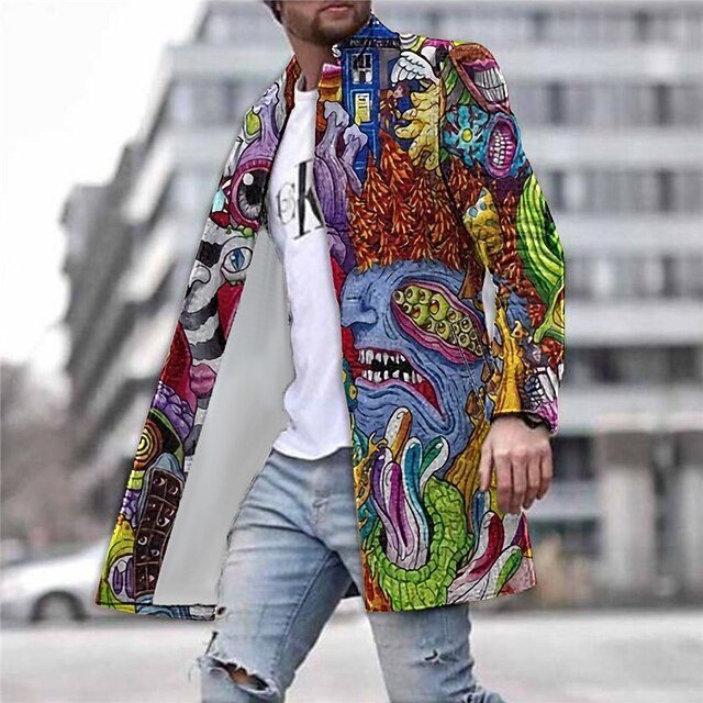 Men's Winter Coat Overcoat Coat Work Wear to work Warm Breathable Pocket Print Fall & Winter Abstract Graphic Prints Fashion Streetwear Turndown Long Regular Fit Yellow Blue Green Jacket4