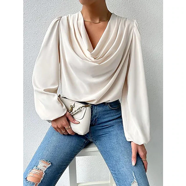 Women's Satin Elegant Dressy Shirt Blouse Black White Pink Solid Colored Office Valentine's Day Party Basic V Neck Regular Fit S 9