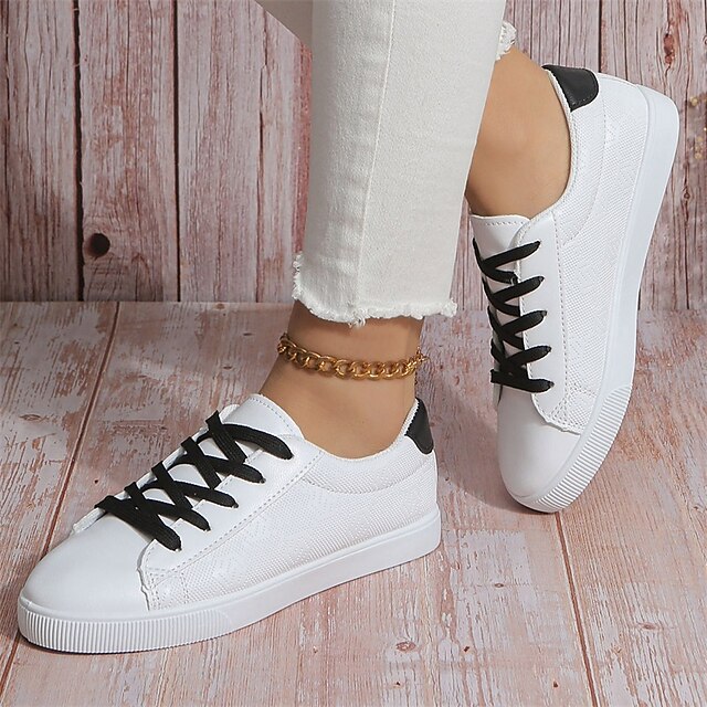  Women's Sneakers Plus Size White Shoes Outdoor Daily Summer Flat Heel Round Toe Fashion Sporty Casual Walking PU Lace-up White