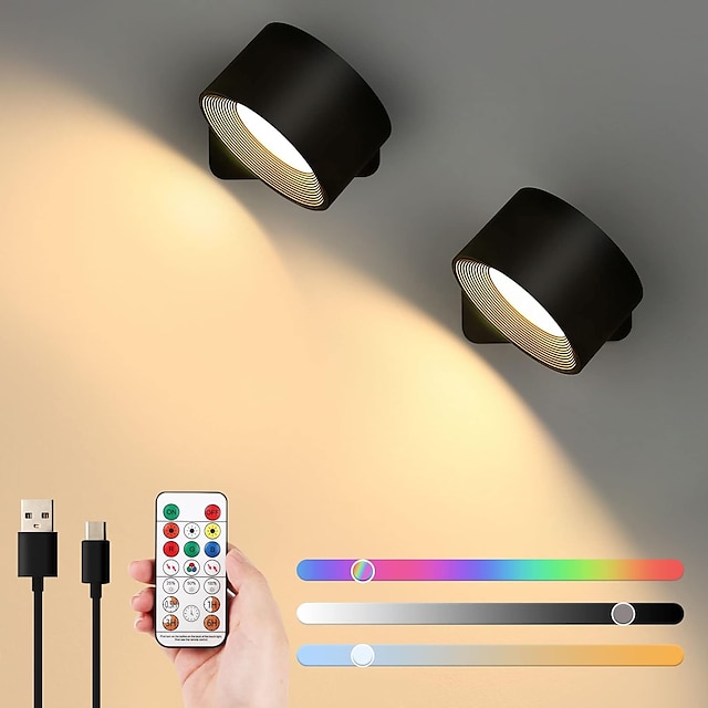  lumini cu LED-uri de perete 2 buc cu telecomandă, lampă cu senzor 3000 mAh cu baterie reîncărcabilă, reglabilă tricoloră magnetică, rotație de 360°, lumină fără fir pentru dormitor