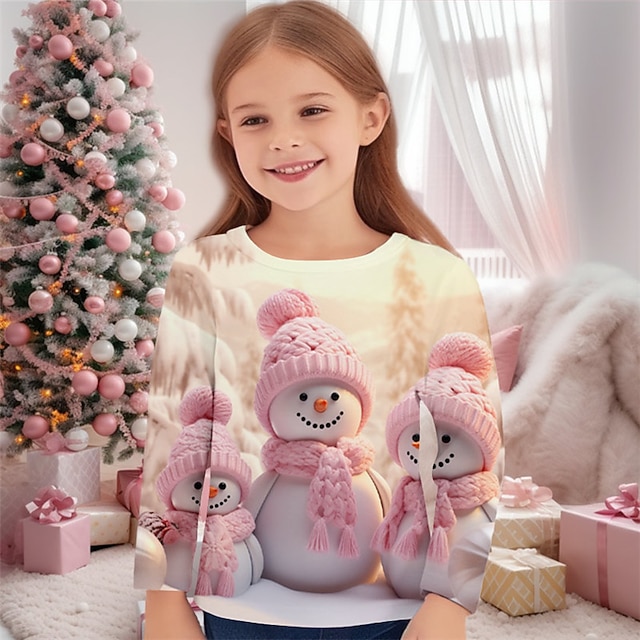  Mädchen 3D Schneemann T-Shirt Hemd Rosa Langarm 3D-Druck Herbst Winter Aktiv Modisch Kuschelig Polyester kinderkleidung 3-12 Jahre Rundhalsausschnitt Outdoor Casual Täglich Regular Fit