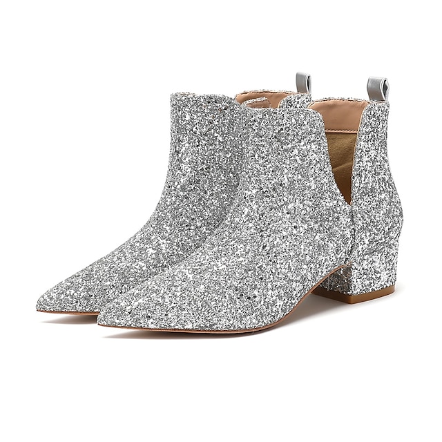  Women's Boots Bling Bling Shoes Metallic Boots Glitter Crystal Sequined Jeweled Party Solid Color Booties Ankle Boots Wedding Boots Winter Chunky Heel Pointed Toe Luxurious Casual Minimalism Glitter